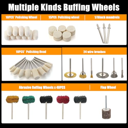 103 PCS Polishing Kit Compatible with Dremel Tools, 1” Mini Wire Brush Bits for Rotary Tool Accessories, Abrasive Buffing Wheels 120-800 Grit, 1/8 in Shank, Small Sanding Kit for Metal, Resin, Wood
