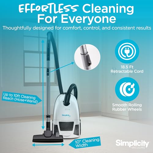 Simplicity Vacuums Jill Lightweight Bagged Canister Vacuum Cleaner – Bagged Vacuum Cleaner with Certified HEPA Filter, Adjustable Suction, Suitable for Floor and Rug Cleaning