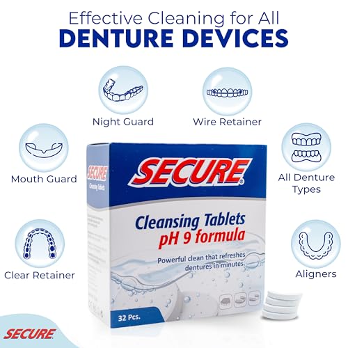 Secure Daily Cleansing Tablets - pH 9 Formula Thoroughly Cleans Dentures - Fights Odors, Stains & Germs - For Dentures, Nightguards, Retainers & Partials - 32 Tablets (1 Pack)