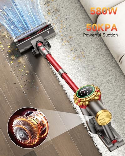 AIPOWAY Cordless Vacuum Cleaner 580W 50Kpa Vacuum Cleaners for Home, 65 Mins Battery Stick Vacuum Anti-Tangle, Self-Standing, 8-in-1 Lightweight Vacuum for Hardwood Floor/Carpet/Pet Hair