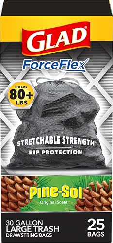 Glad Large 30 Gallon Trash Bags, Pine-Sol Heavy Duty Garbage Bags, Forceflex with Drawstring, 25 Count (Packaging May Vary)