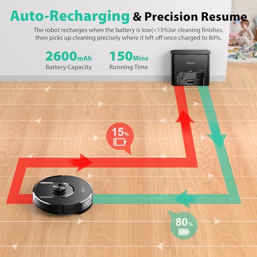 Tikom Robot Vacuum and Mop, 6000Pa Robotic Vacuum Cleaner with Self-Emptying Base, 90 Days Capacity, LiDAR Navigation, Home Mapping, Ideal for Pet Hair, Hard Floors, Carpet (L8000 Plus)