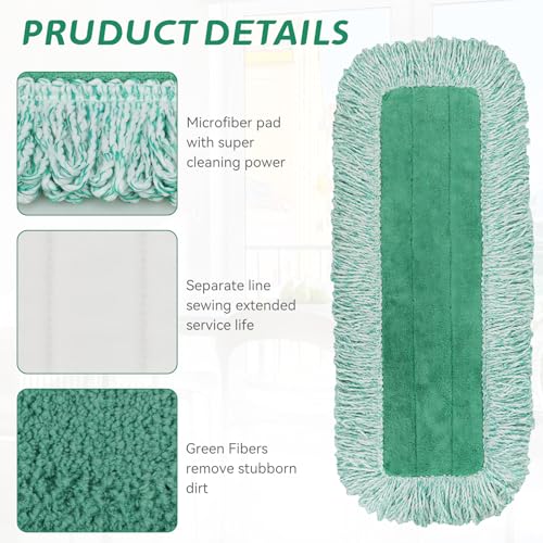Commercial Products Dust Pad with Fringe for Rubbermaid 18” - 18 Inch Green Microfiber Dust Mop Refills Heavy-Duty Cleaning for Hardwood/Tile/Laminated Floors in Kitchen/Lobby/Office (6 Counts)