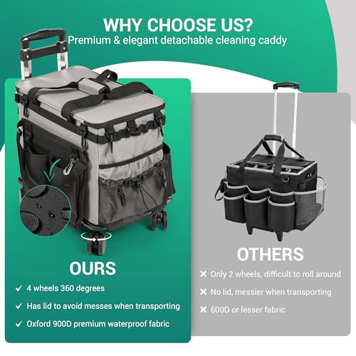 THKW Large Rolling Cleaning Caddy Bag w/Detachable Trolley & Lid - Portable Cleaning Cart on Wheels w/Shoulder Strap & Waist Pouch - Cleaning Supplies & Tool Organizer for Home, Office, Car (Gray)