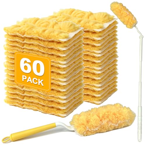 60 Count Heavy Duty Duster Refills for Swiffer, Multi Surface 360° Feather Duster with 2 Handle, Disposable Dusters Kit for Cleaning, Furniture, Blind, Ceiling Fan