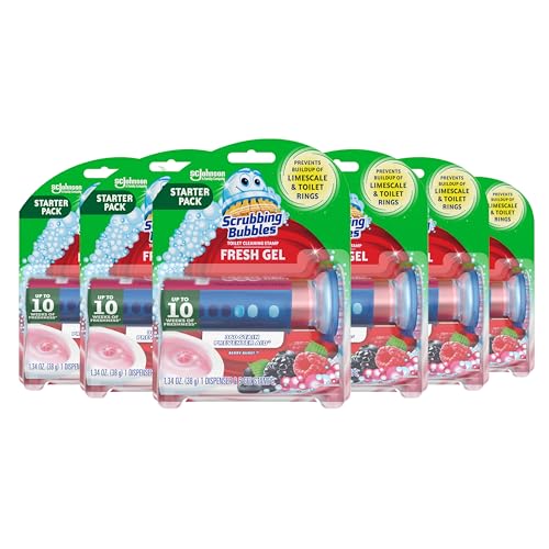 Scrubbing Bubbles Fresh Gel Toilet Bowl Cleaning Stamps, Automatic & Continuous Bathroom Toilet Cleaner Helps Prevent Limescale, Rings & Build-Up, Berry Burst, 1 Dispenser, 6 Stamps (6 Pack)