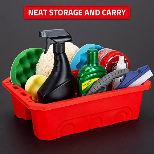 CANOPUS Storage Tray Tote with Functional Holes - 2 PCs Plastic Cleaning Caddy with Handle, Portable Caddy, Undersink Storage for Kitchen, Shoe Cleaning Box, Products Organizer, Red