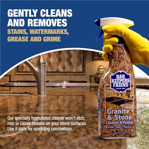 Bar Keepers Friend Stone & Granite Cleaner and Polish (25.4 oz) Plus 1 Microfiber Cloth, 2pc Cleaning Kit, Multi Surface Cleaner for Use on Natural, Manufactured & Polished Stone Countertops