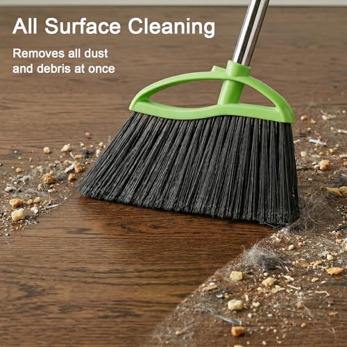 Soft Bristles Green Angle Broom with Long Handle Indoor Sweeping Broom for Home Kitchen Hardwood Floor Cleaning