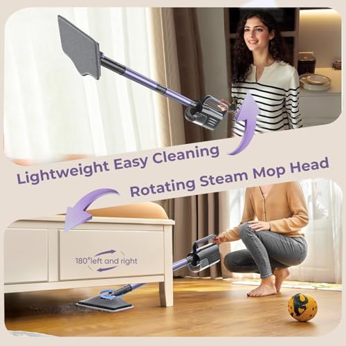 Gatlei Steam Mop Cleaner with Detachable Handheld Steamer, 6-in-1 Multi Accessories, Removable Water Tank, 23FT Power Cable, Lightweight, Steam Cleaner for sealed Hard Floors (Dark purple)