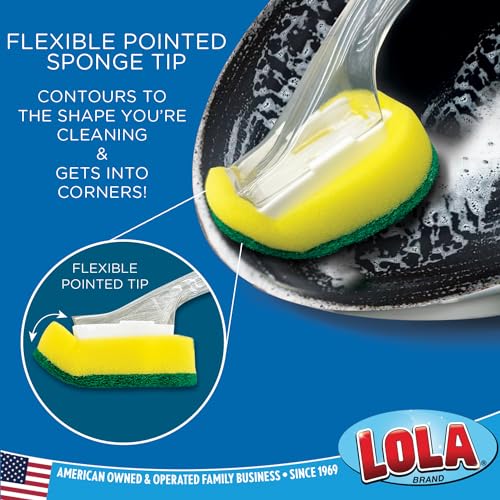 LOLA Dish Brush w/Soap Dispenser Wand, 1 Brush w/Head & 6 Refills, Absorbent Sponge Scrubber, No Leaking. Clean Dishes, Sinks and Cookware