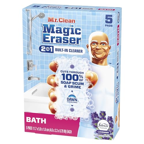 Mr. Clean Magic Eraser Sponge, Bathroom Cleaner, Shower Cleaner, Tub Cleaner, Soap Scum Remover, Bathroom Cleaning Supplies, Dawn Cleaning Power with Febreze Lavender Scent, 5ct