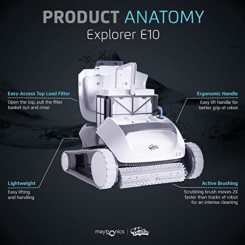 Dolphin E10 Automatic Robotic Pool Vacuum Cleaner, Active Scrubber Brush, Top Load Filters Access