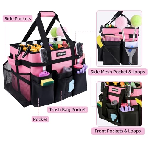 VSHXENG Large Rolling Cleaning Caddy Bag with Wheels, with Detachable Trolley, Cleaning Bags on Wheels for Housekeepers, Cleaning Cart Supplies Organizer for Home, Car, Picnic (Pink)