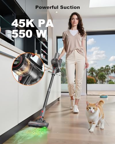 Prasky Cordless Vacuum Cleaner, Stick Vacuum Rechargeable, 550W 45KPA Powerful Suction Lightweight Vacuum Cleaners for Home, Anti-Tangle, Self Standing for Pet Hair Hardwood Floor Carpet - Black
