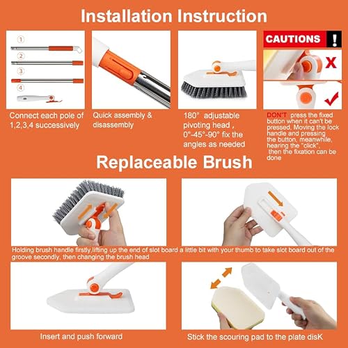 Long Handled Scrub Brush for Shower，3-in-1 Cleaning Brushes with 3 Different Function Cleaning Heads Brush for Shower Cleaning Bathroom Kitchen Walls Tub Tile