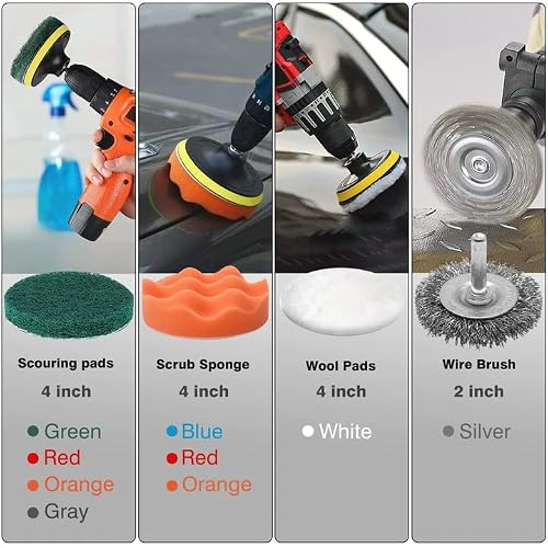 ETOUPA 30 Piece Drill Brush Attachments Set, Scrub Pads & Sponge & Wire Brush for Drill, Power Scrubber Brush with Extend Long Attachment, Drill Scrubber Brush Kit for Bathroom, Floor, Car, Grout