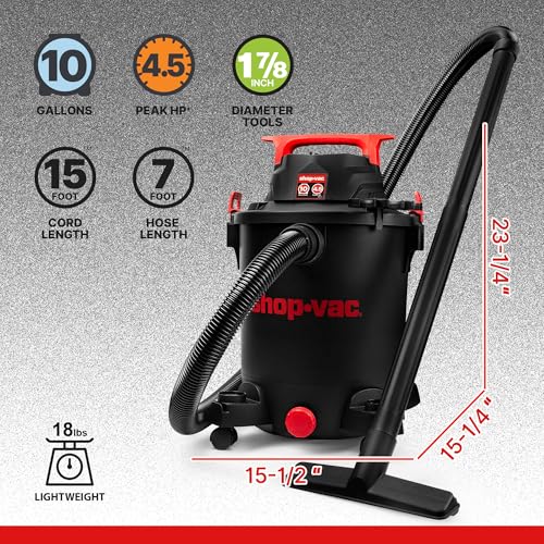 Shop-Vac 5430115 Wet/Dry Vacuum, 10 Gallon, 4.5 Peak HP, 1-7/8 Inch Diameter x 7 Foot Hose, 15 Foot Cord, Ideal for Jobsite, Garage, Workshop & Home