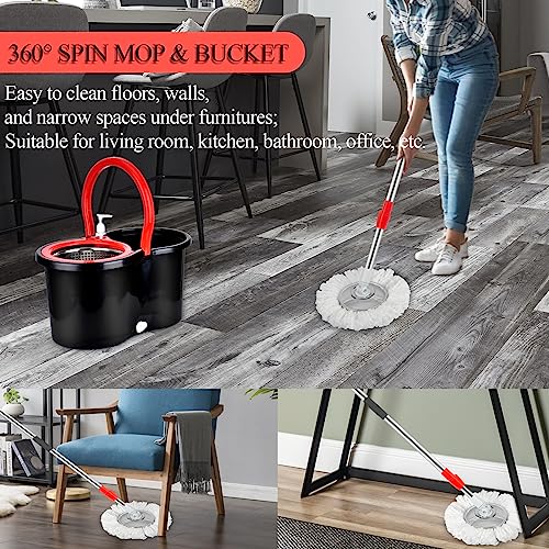 Spin Mop and Bucket with Wringer Set, 360° Spinning Mop Bucket System with 3 Microfiber Mop Replacement Heads and 61" Stainless Steel Adjustable Handle for Floor Cleaning