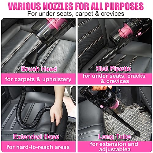 Viewsun Car Vacuum Cordless Rechargeable, 8000PA High Power Handheld Vacuum Cleaner with 17PCS Car Cleaning Kit, Pink Auto Accessories for Women Gift