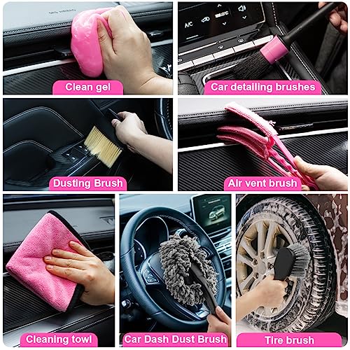 Viewsun Car Vacuum Cordless Rechargeable, 8000PA High Power Handheld Vacuum Cleaner with 17PCS Car Cleaning Kit, Pink Auto Accessories for Women Gift