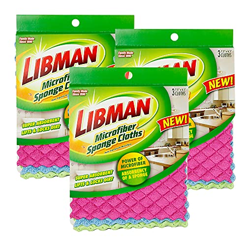 Libman 1482 Microfiber Sponge Cloths – Combines The Best of a Sponge and Dish Cloth, Includes 3 Packs of 3 Sponge Cloths (9 Total Sponge Cloths), Pink, Blue and Green